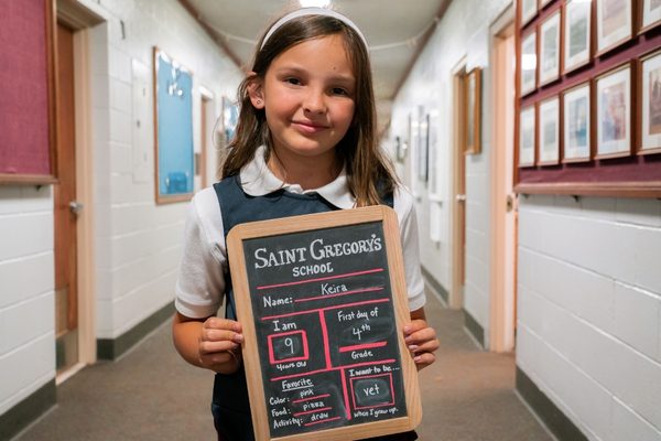 private school student in hallway with chalk board on first day of school in Albany, NY