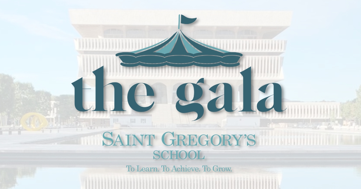 2023 Saint Gregory's School Gala logo with the NYS Museum in Albany in the background