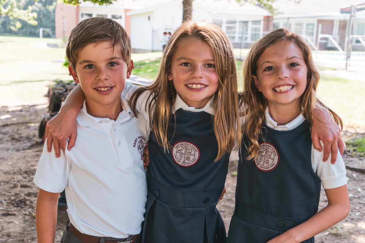 private school students of Saint Gregory's School smiling on their first day of school at the SGS Loudonville Campus