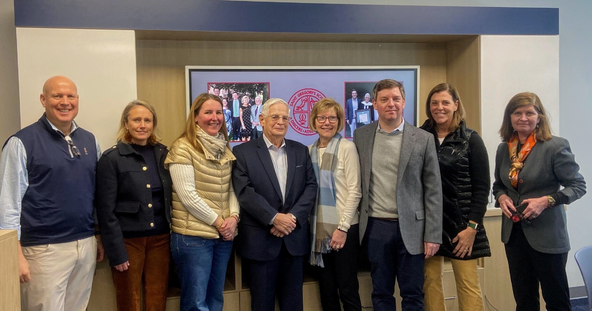 The Raymond Family at the tech room dedication of Saint Gregory's School in Loudonville, NY together with the head of school and board members