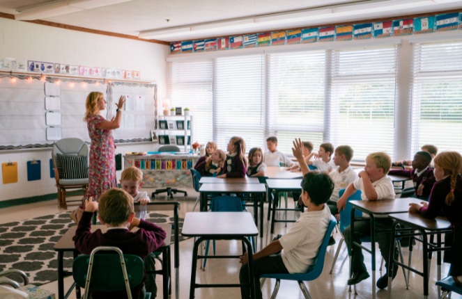 Spanish teacher teaching private school students at Saint Gregory's School in Albany, NY