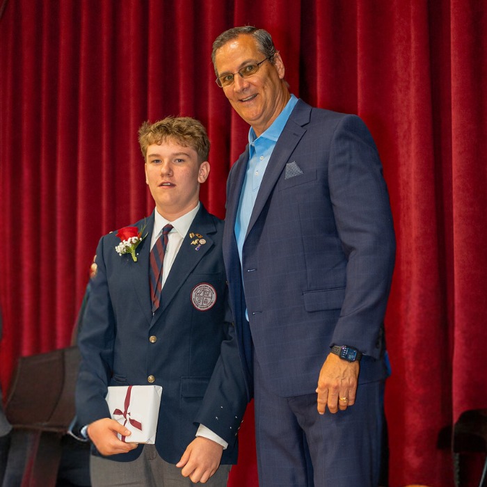 SGS private school student Austin receiving the Jacqueline A. Mauro Award for Excellence in Fine Arts