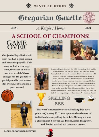 Cover of the Winter Edition of the Gregorian Gazette, a student newspaper created by SGS students