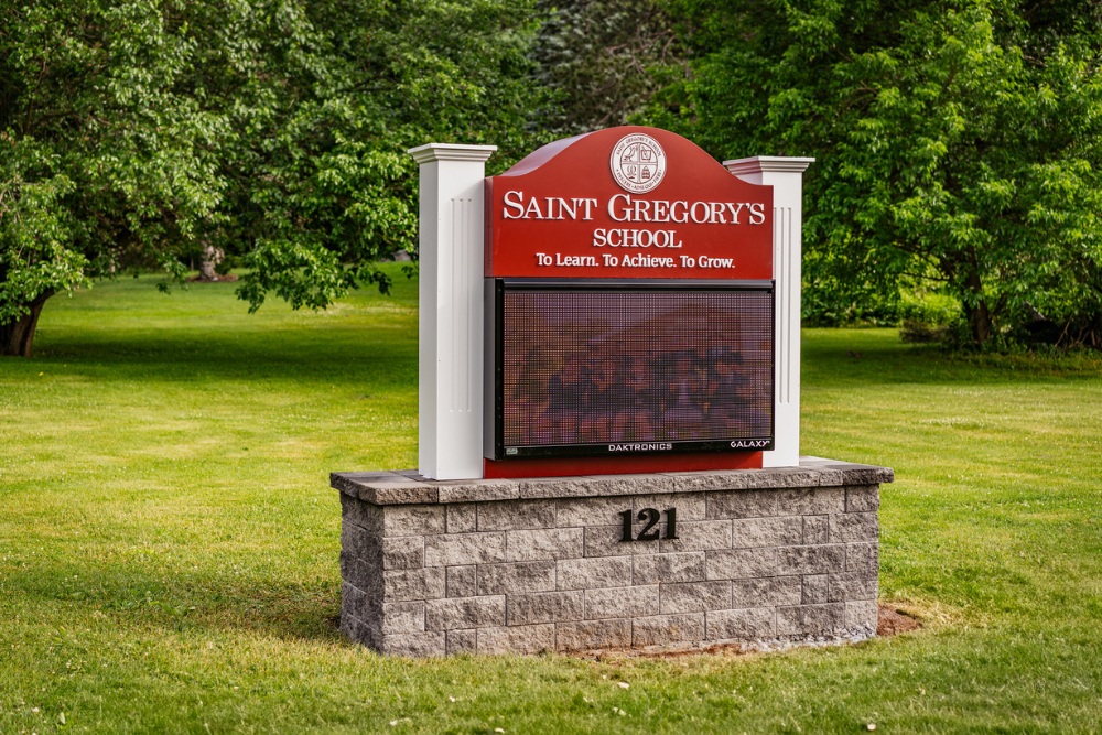 Saint Gregory's new digital announcement sign donated by the Classes of 2023 and 20204