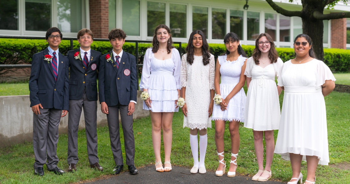 Saint Gregory's graduation seniors in June 2025 in front of the school building in Loudonville, NY