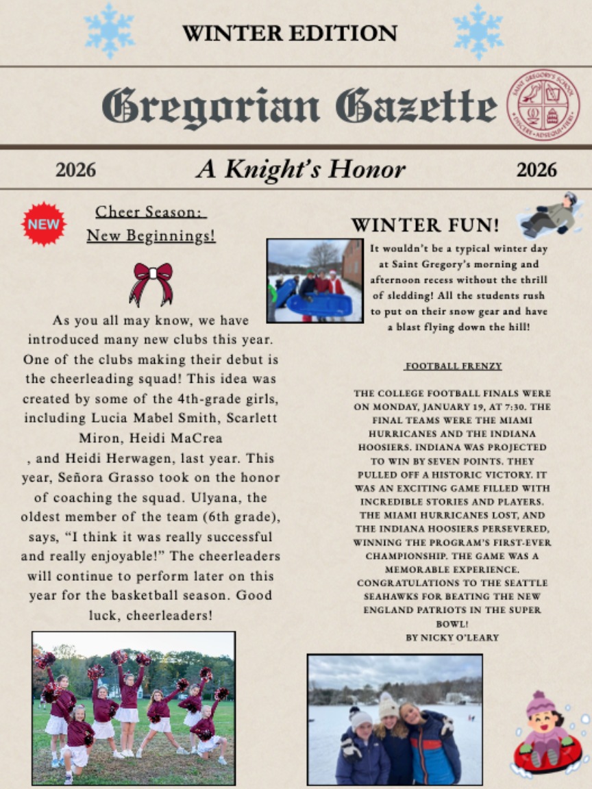 Front page of the new edition of the Gregorian Gazette, the Saint Gregory's School student newspaper