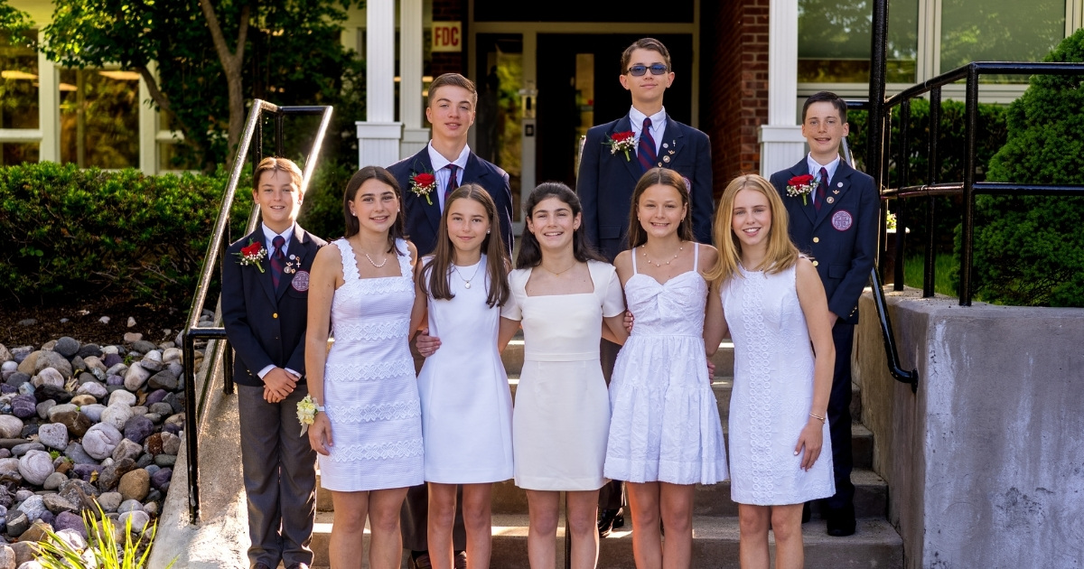 Saint Gregory's graduation seniors in June 2026 in front of the school building in Loudonville, NY